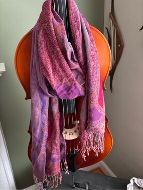 Elegant Pink, Red  & Purple Paisley Pashmina with fringe Scarf - @24” x 84”